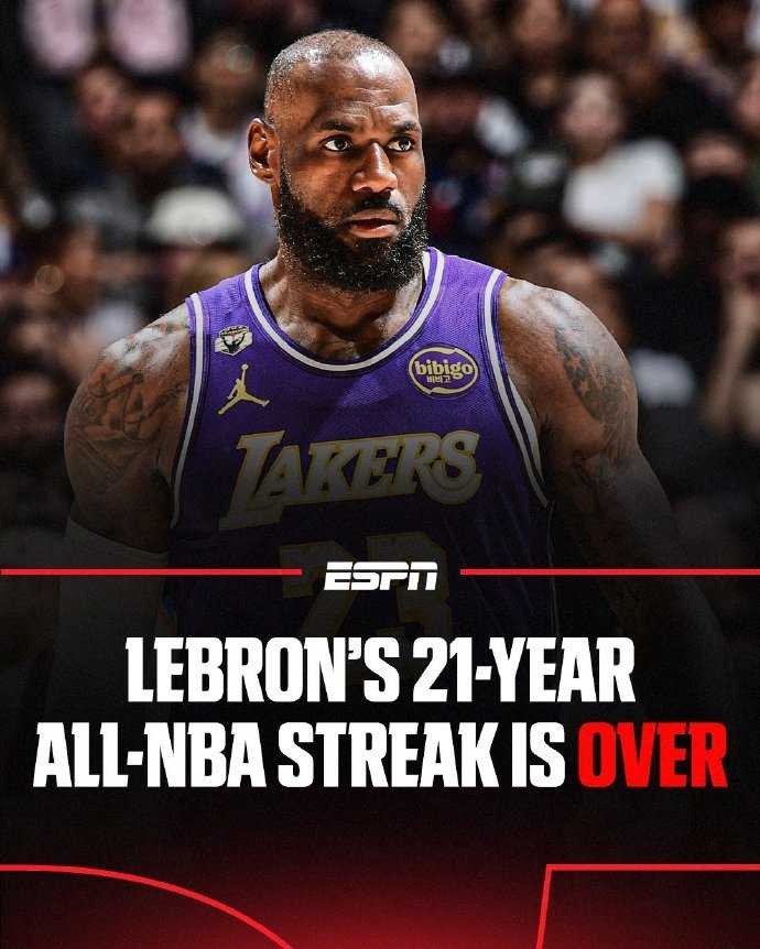 彻底无缘任何奖项！詹姆斯已缺阵18场，连续21年最佳阵容纪录告终